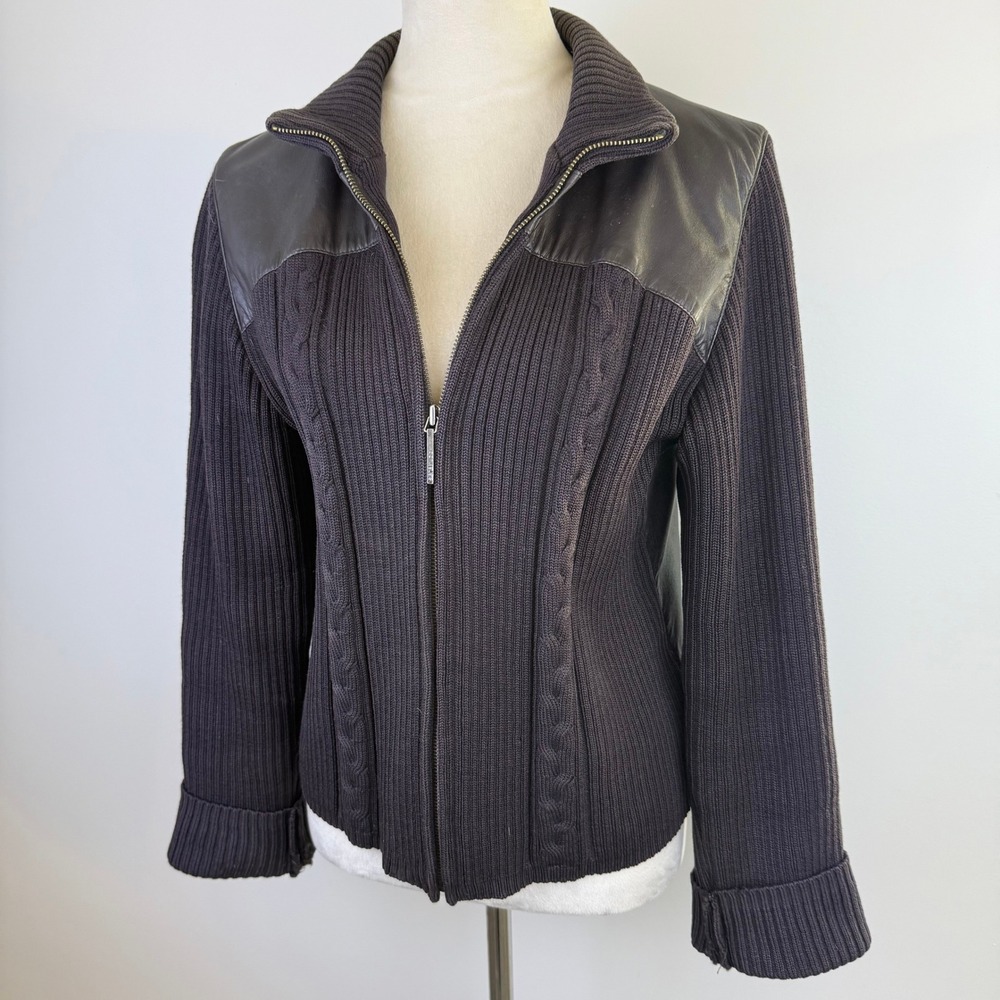 VTG Siena Studio Brown Merino Wool Real Leather Heavy Duty Zip Jacket Womens Med